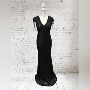 VTG Sequin Formal Black Gown S (4) V-Neck Great Gatsby‎ Flapper Tassel Sleeves